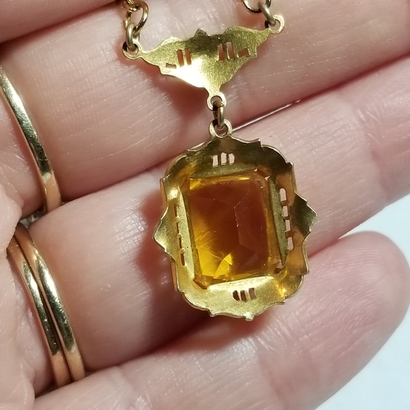 Relisted -Vintage Art Deco yellow gem necklace gold tone faceted 1920s 1930s - Picture 7 of 17